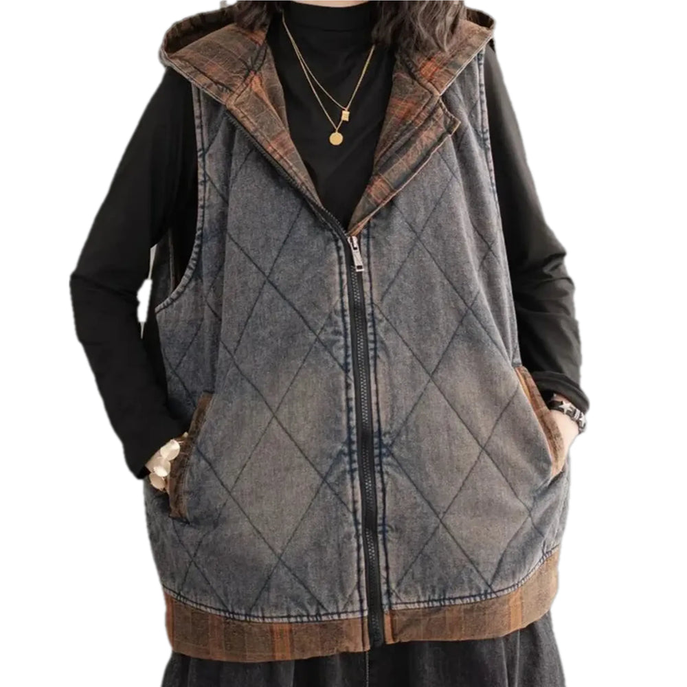 Oversized Quilted Jean Vest for Ladies - Blue