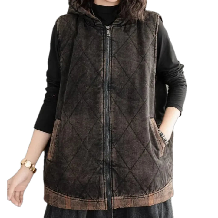 Oversized Quilted Jean Vest for Ladies - Grey