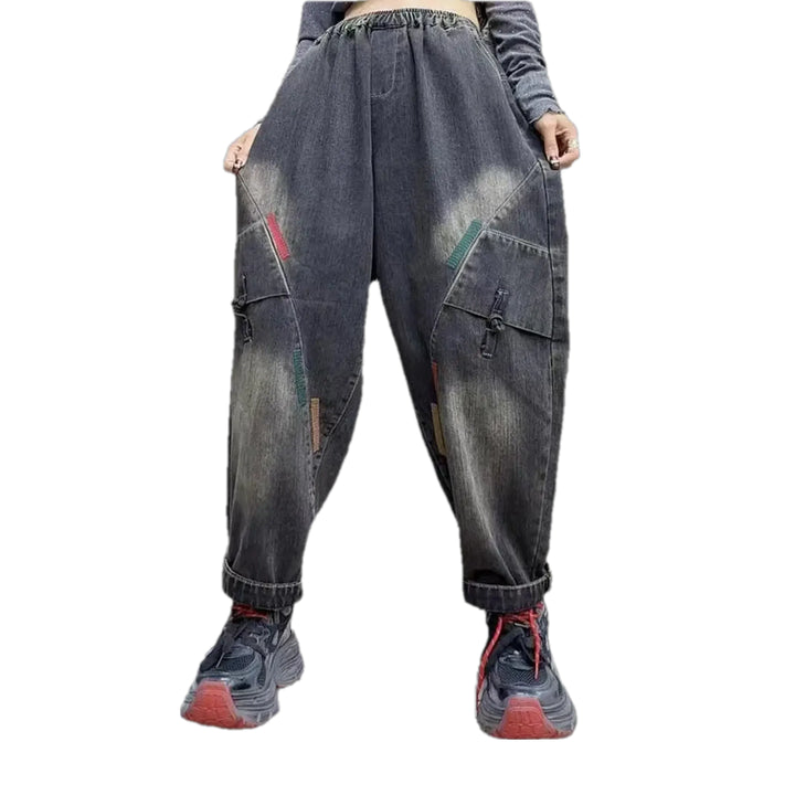 Mid Waist Retro Fashion Denim Joggers for Women - Grey