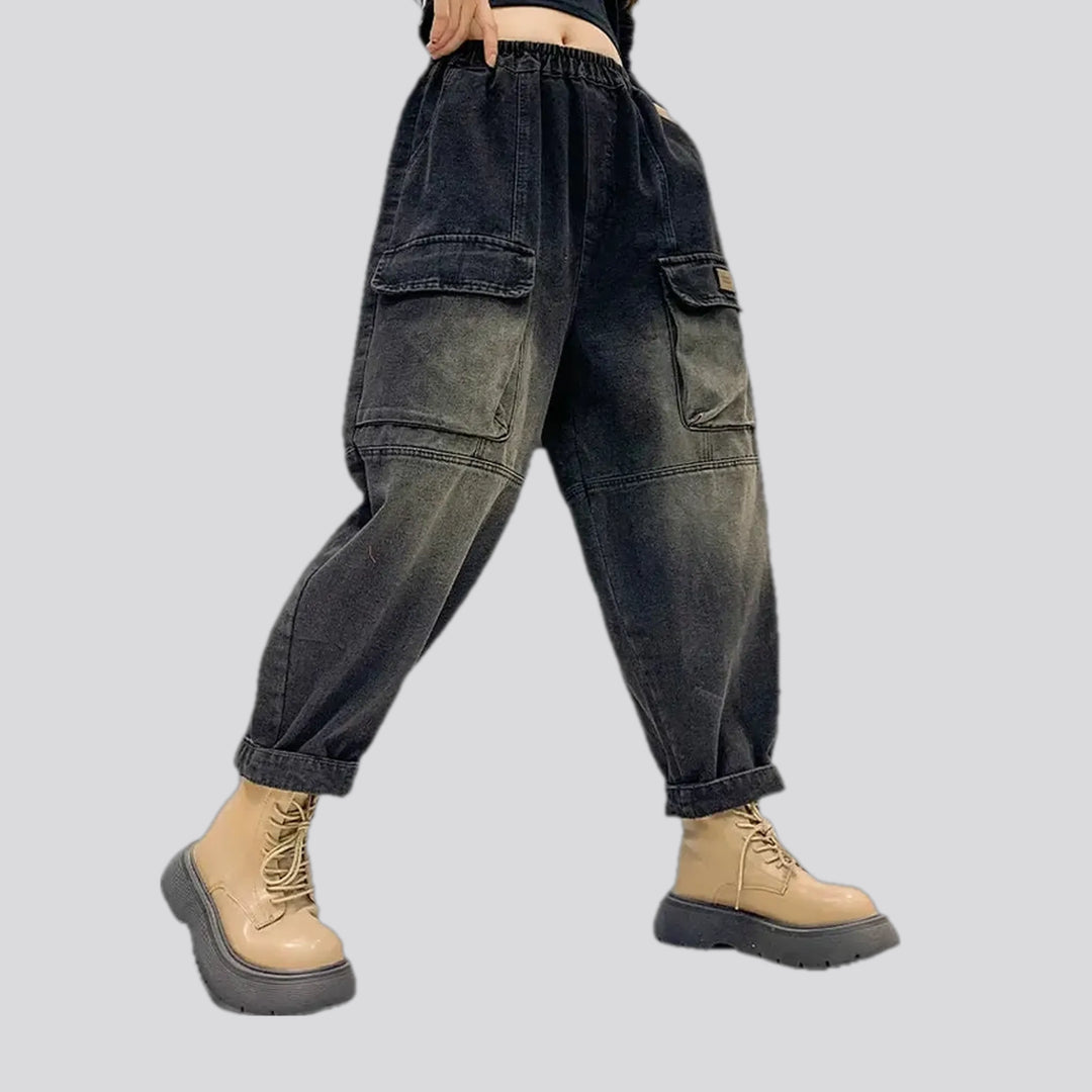 Baggy fit cargo pocket denim joggers for women