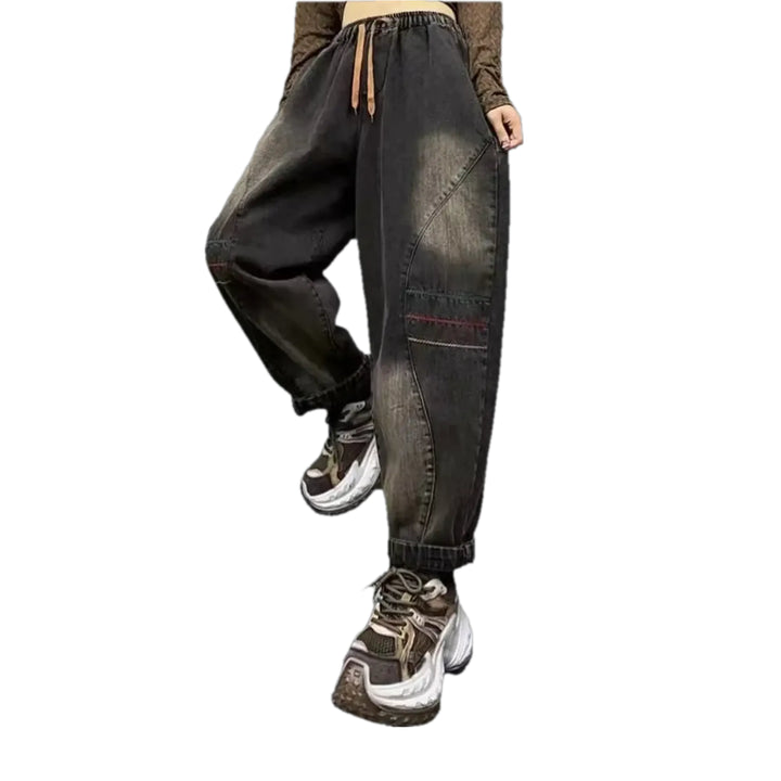 Contrast Pattern Vintage Women's Jean Joggers - Black