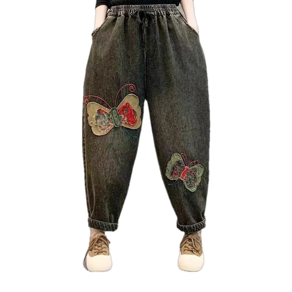 Vintage Butterfly Decor Women's Denim Joggers - Grey