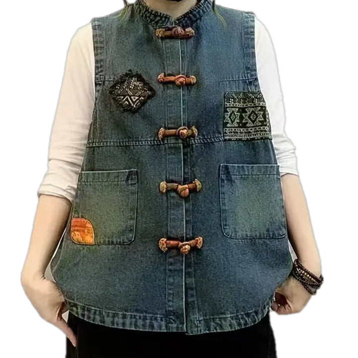 Trendy Retro Mixed Patchwork Jeans Vest for Ladies - Blue