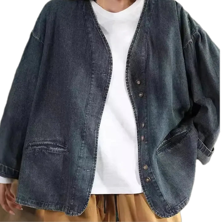 Casual Retro Oversized Women's Jeans Chore Jacket - Dark Blue