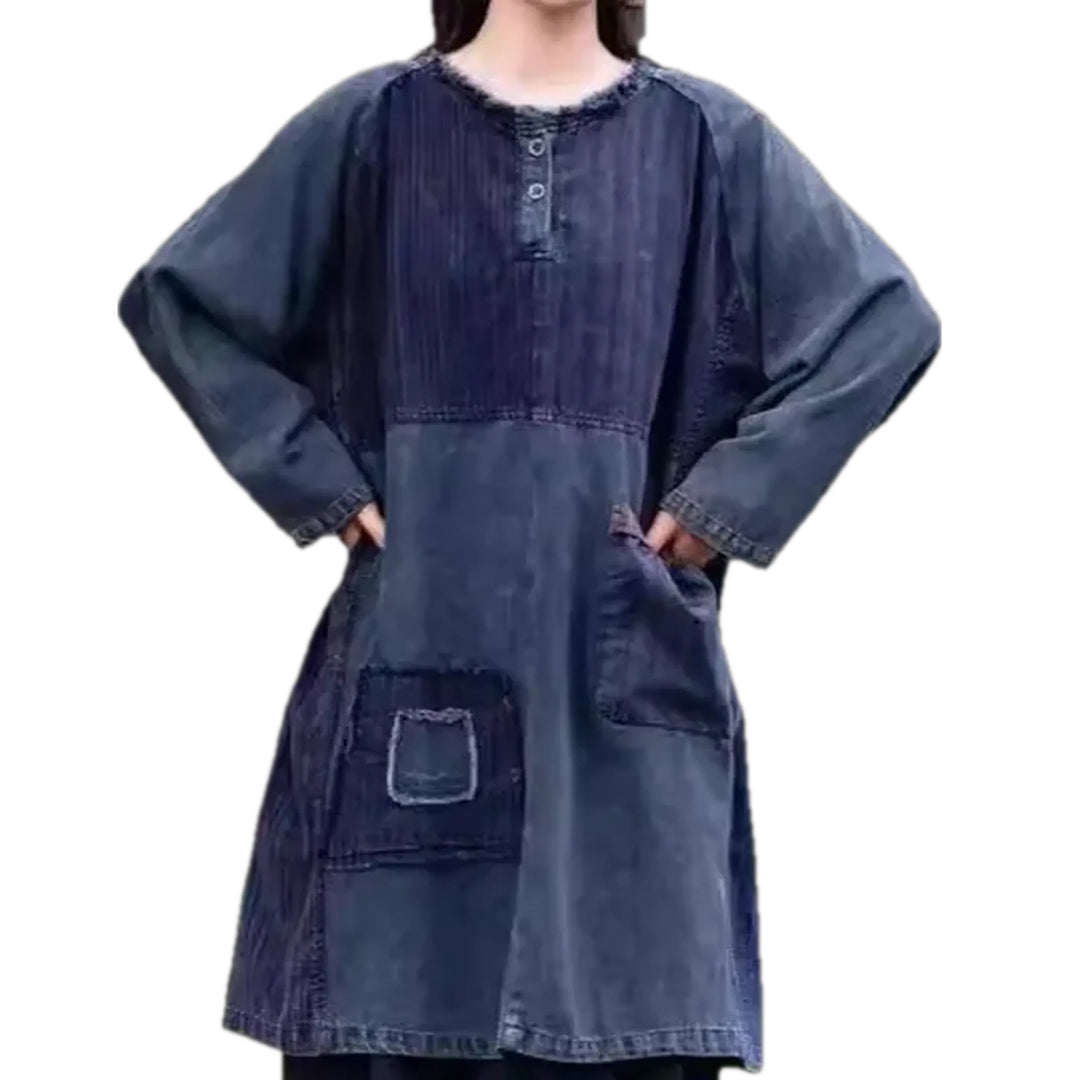 Dark Boho Patchwork Denim Dress - Dark Blue