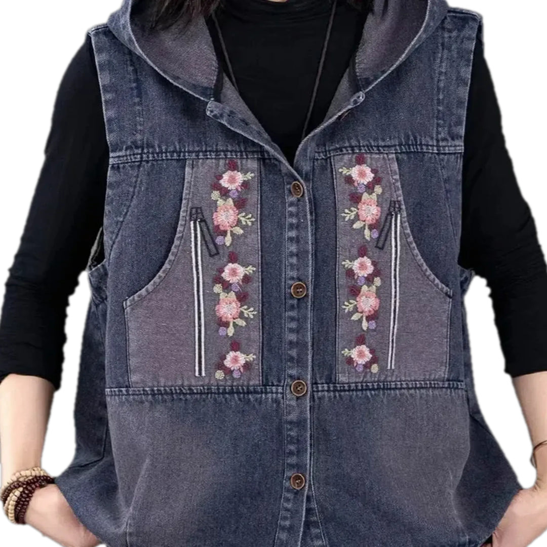 Boho Style Embroidered Women's Jeans Vest - Blue