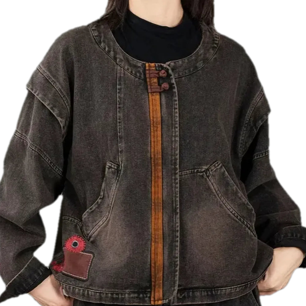 Floral Collarless Retro Women's Jean Jacket - Grey