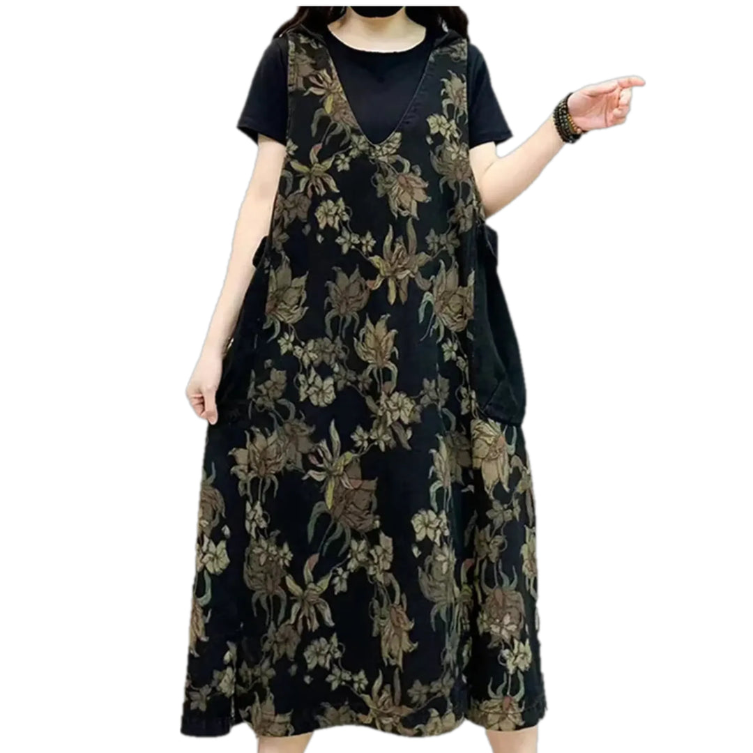 Cargo Pockets Boho Floral Denim Dress - Black