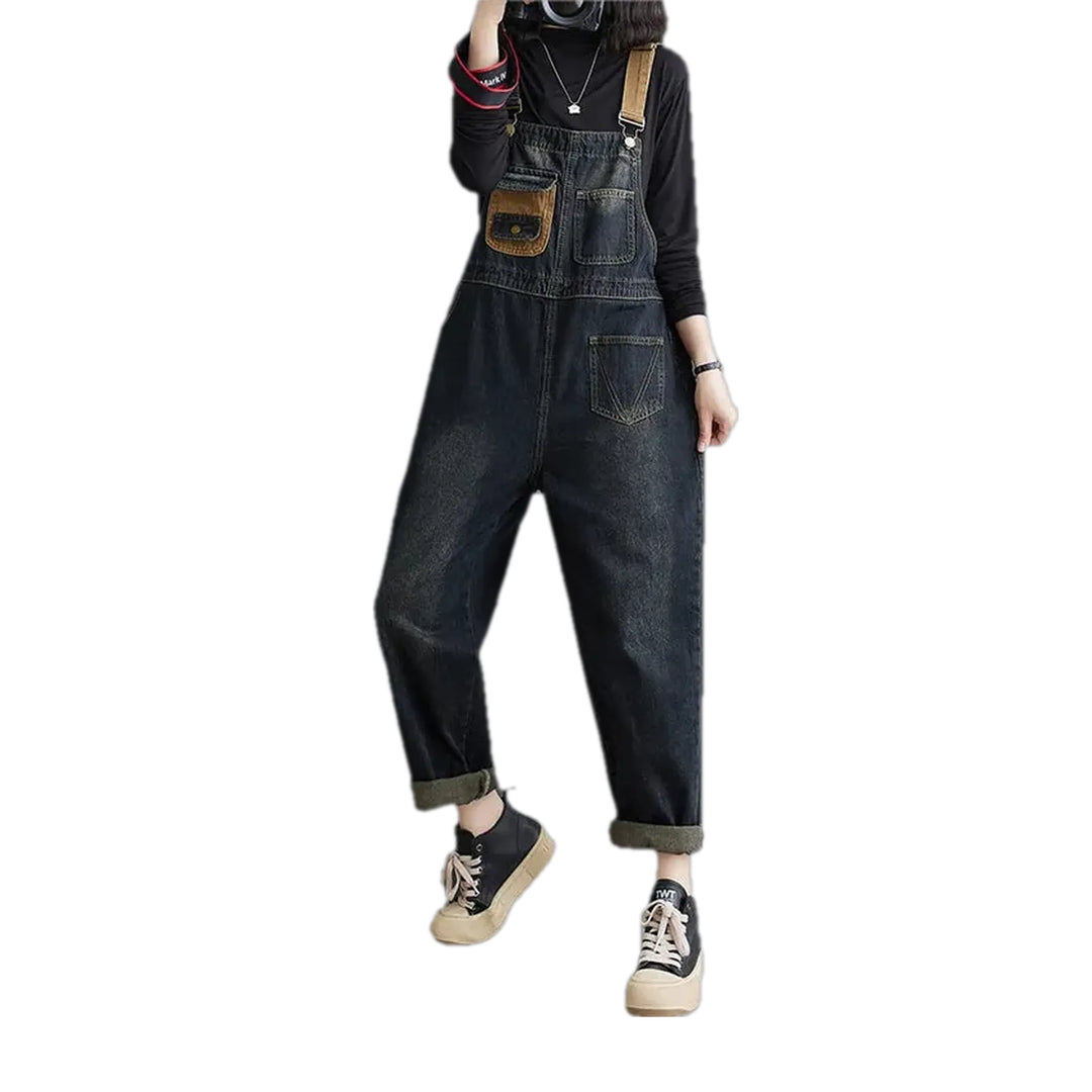 Abraded Pattern Loose Fit Jean Bib for Ladies - Black