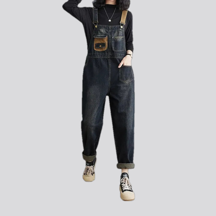 Abraded pattern loose fit jean bib for ladies