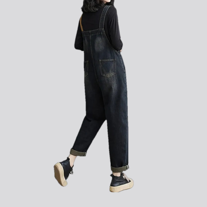 Abraded pattern loose fit jean bib for ladies