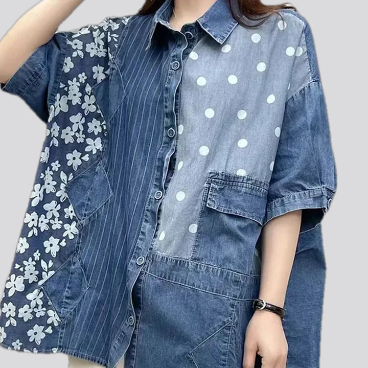 Fashionable striped patchwork women's jean shirt