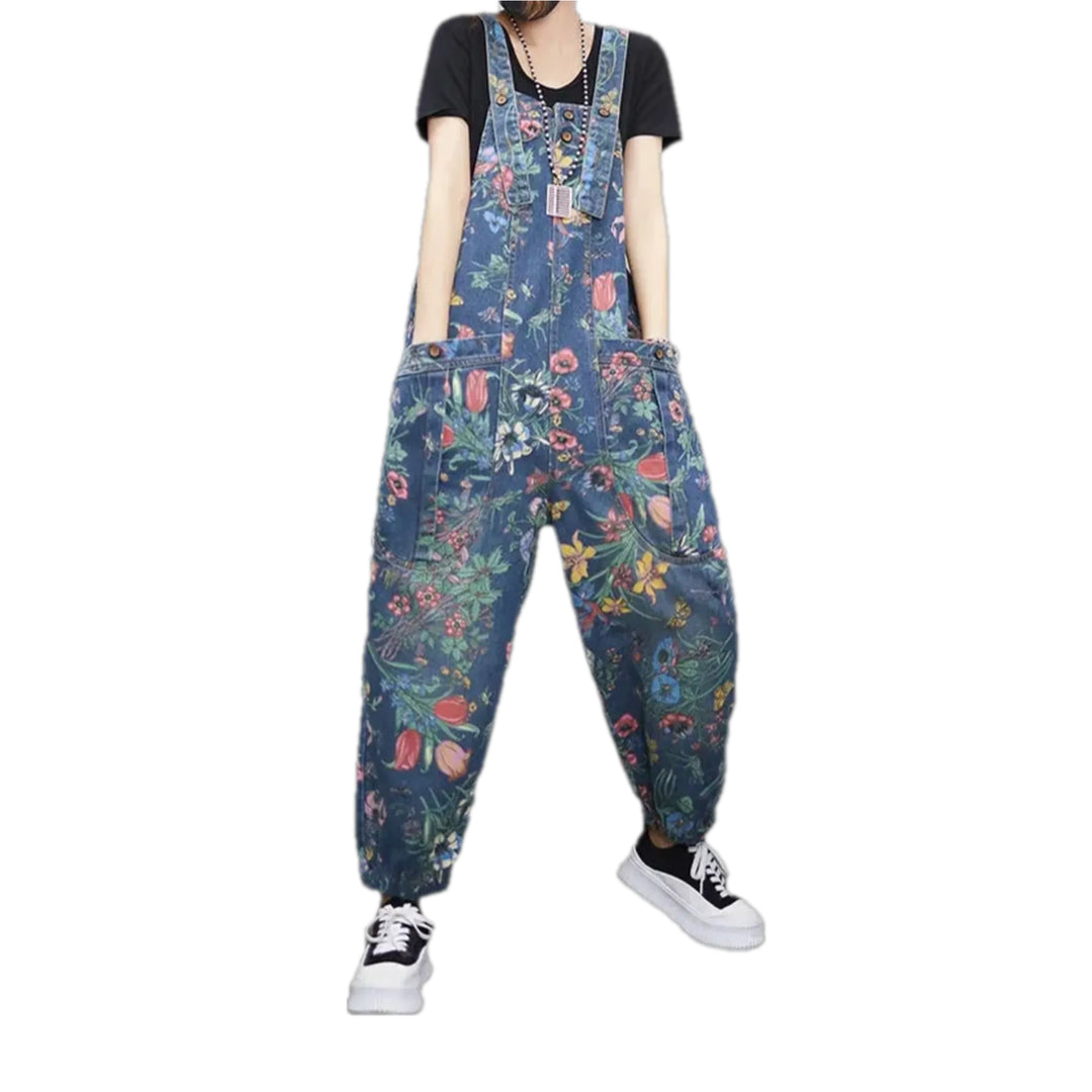 Floral Print Denim Overall for Ladies - Blue