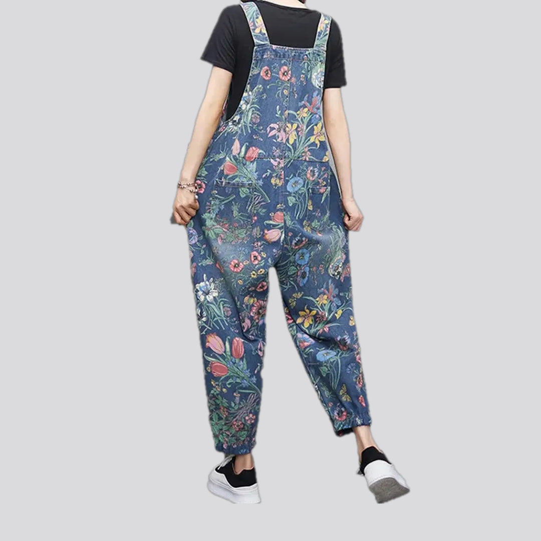 Floral print denim overall for ladies