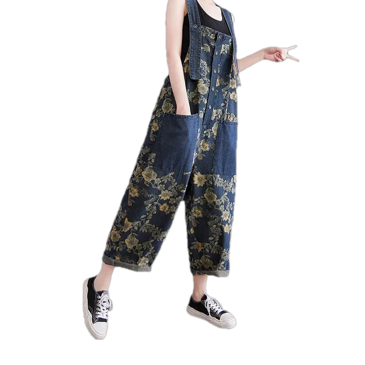 Chic Boho Floral Baggy Women's Jeans Overall - Dark Blue