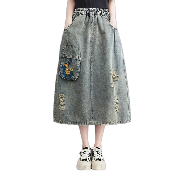 High Waist Floral Denim Skirt - Grey