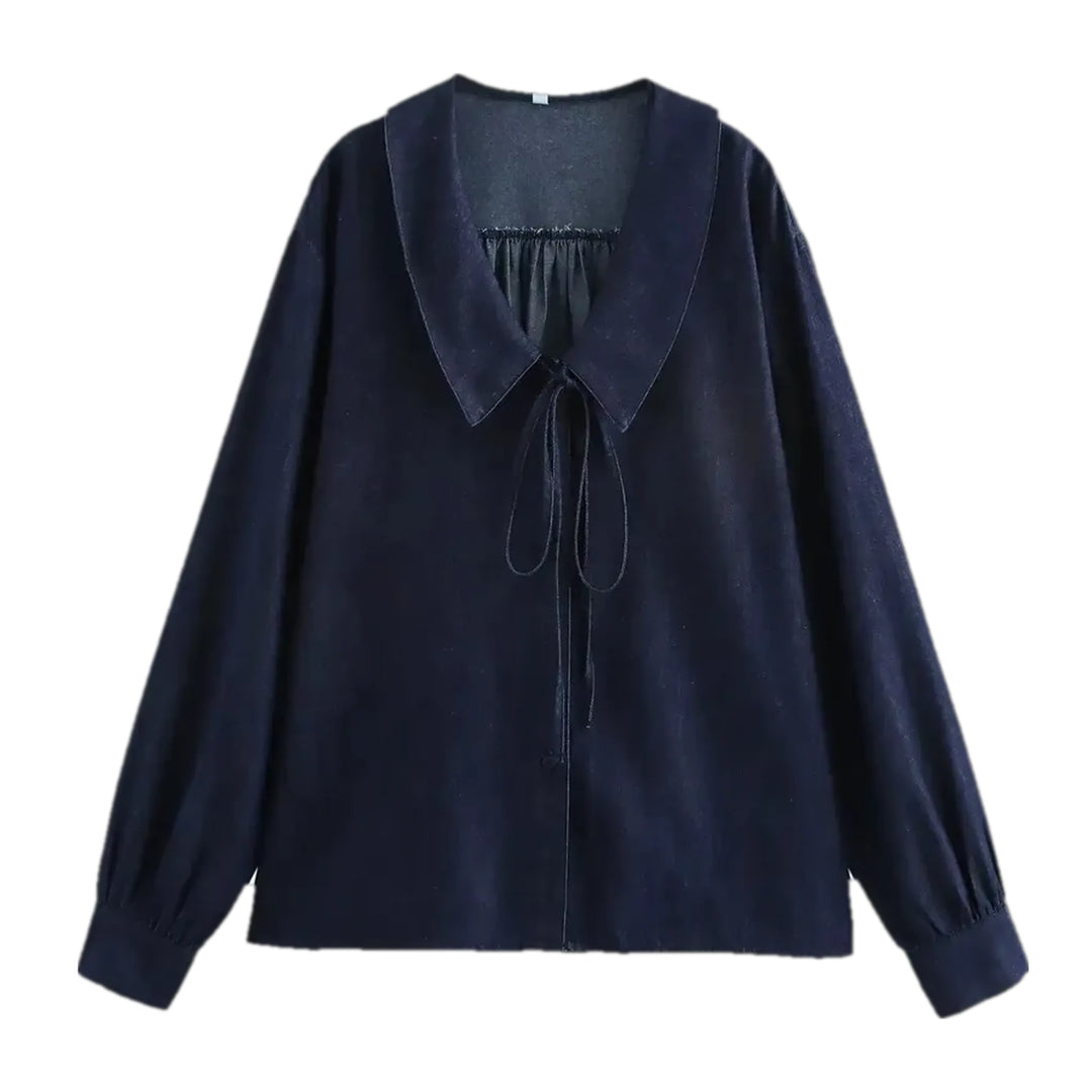 Tie Front Collar Denim Shirt for Ladies - Dark Blue