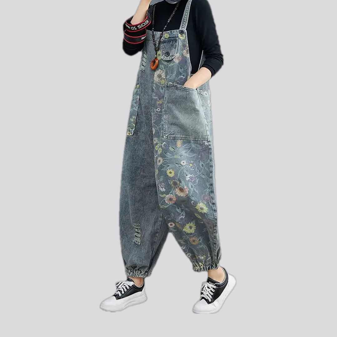 Trendy floral boho baggy women's jeans dungaree