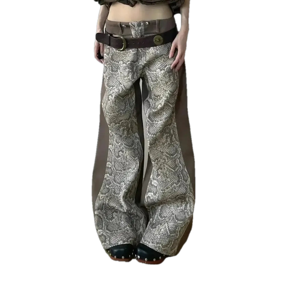 Fashion Slouchy Fit Snake Skin Women's Denim Pants - Grey