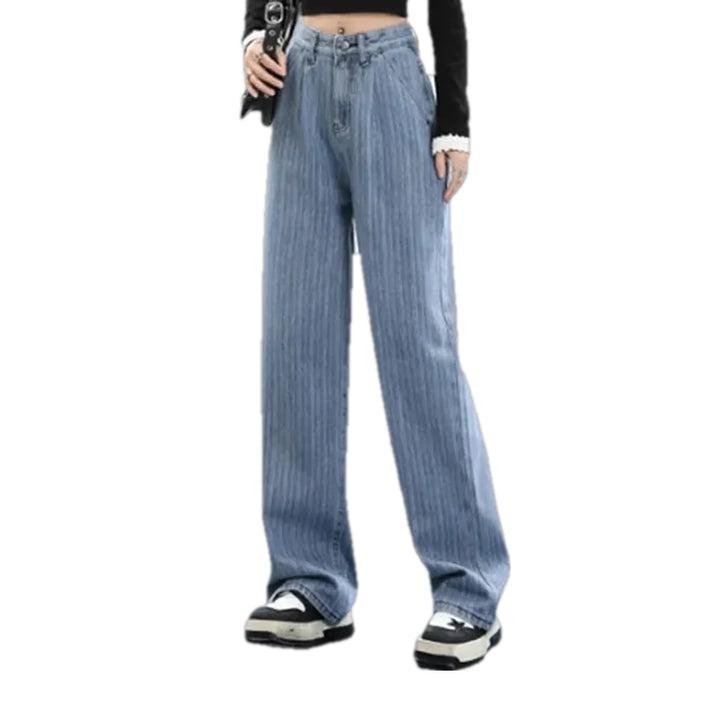 Fashion Striped High Waist Women's Jeans - Light Blue