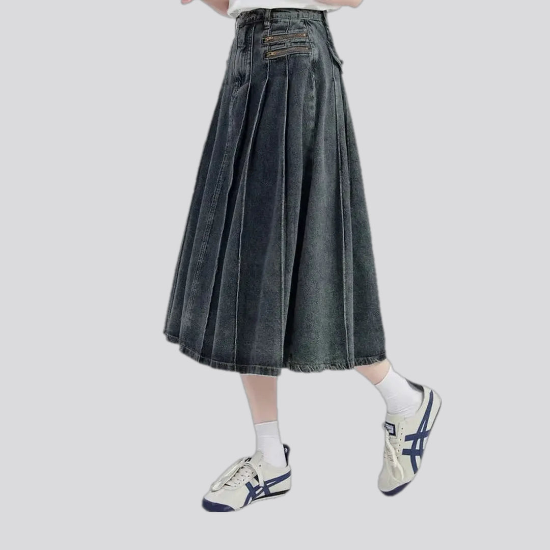 Plaited casual midi denim skirt