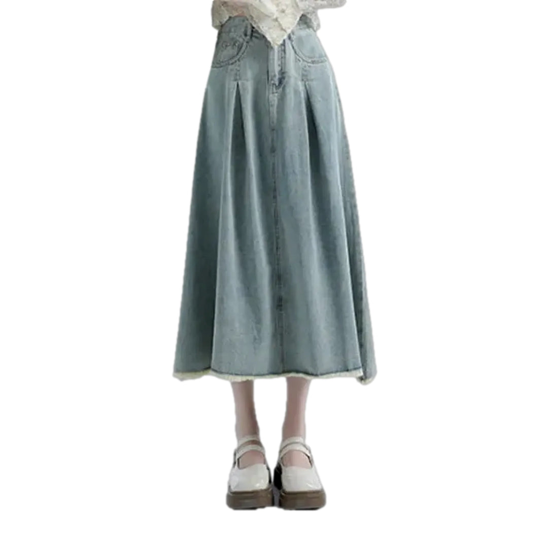 High Waist Pleated Casual Jean Skirt - Light Blue