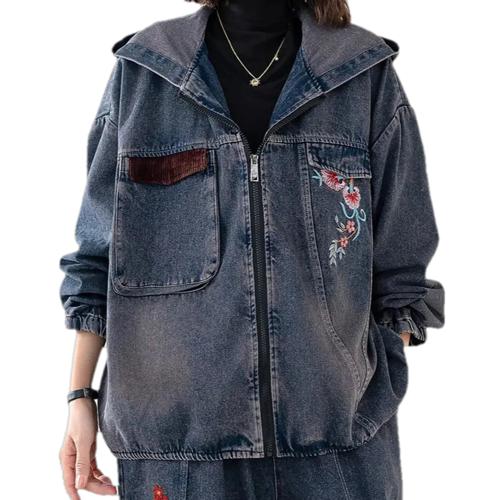 Boho Embroidered Oversized Women's Denim Jacket - Blue