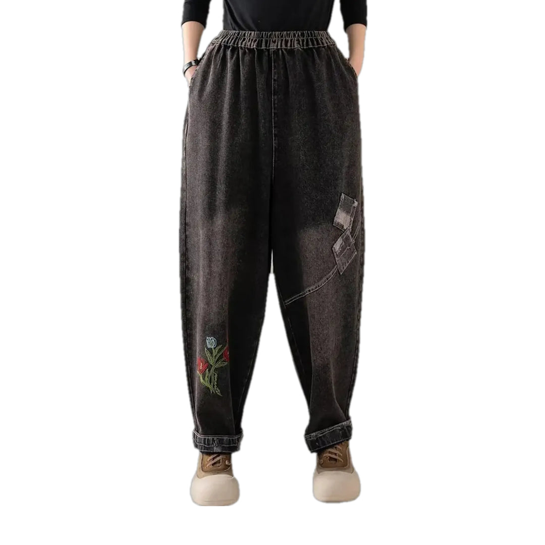 Floral Print Women's Jean Joggers - Black