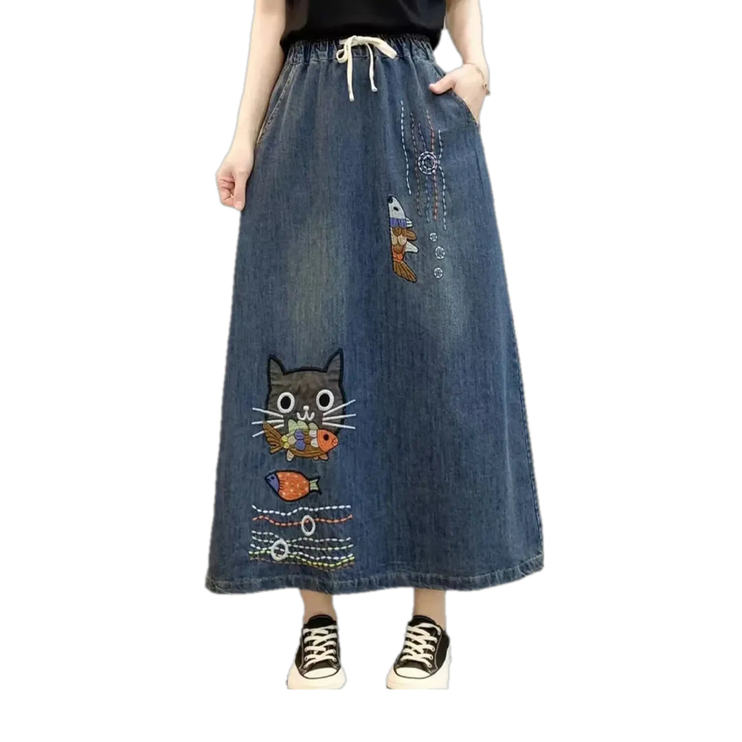 Artistic High-waist Boho Denim Skirt - Blue