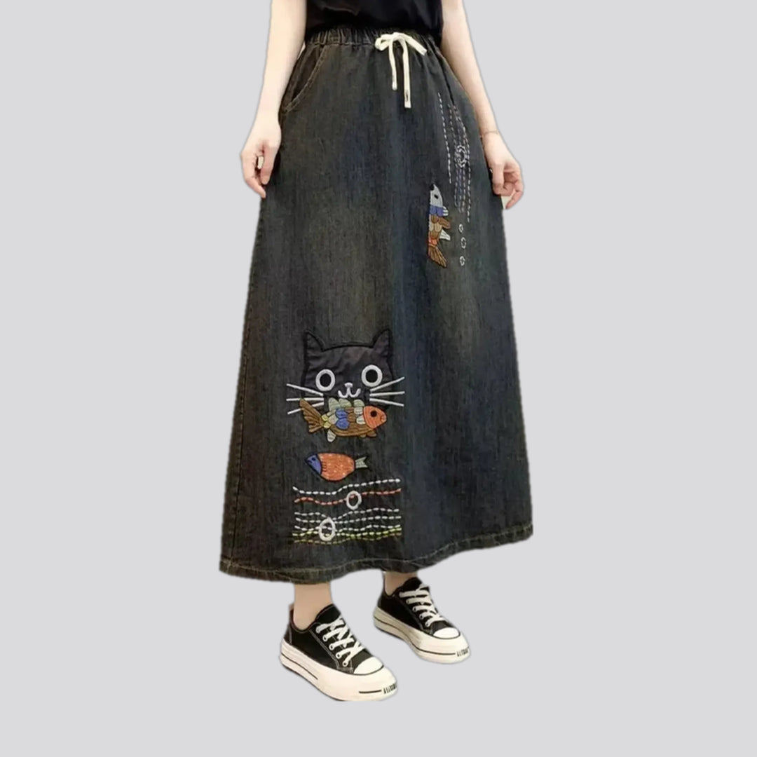 Artistic high-waist boho denim skirt