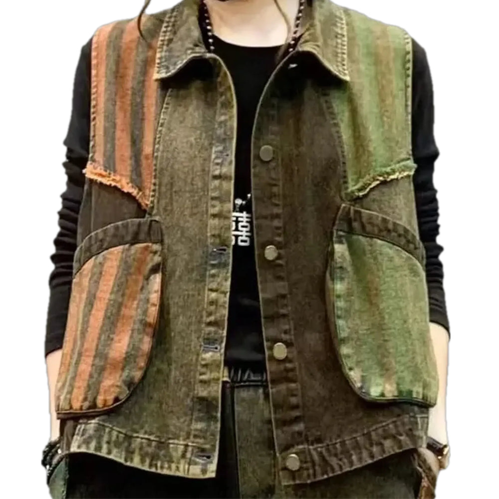 Varied Colors and Stripes Denim Vest for Women - Khaki