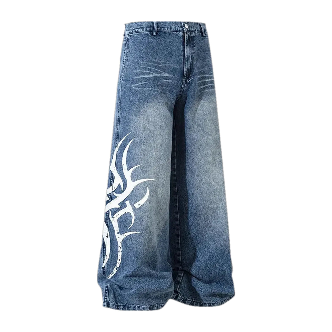 Whiskered Boho Baggy Men's Jeans - Blue