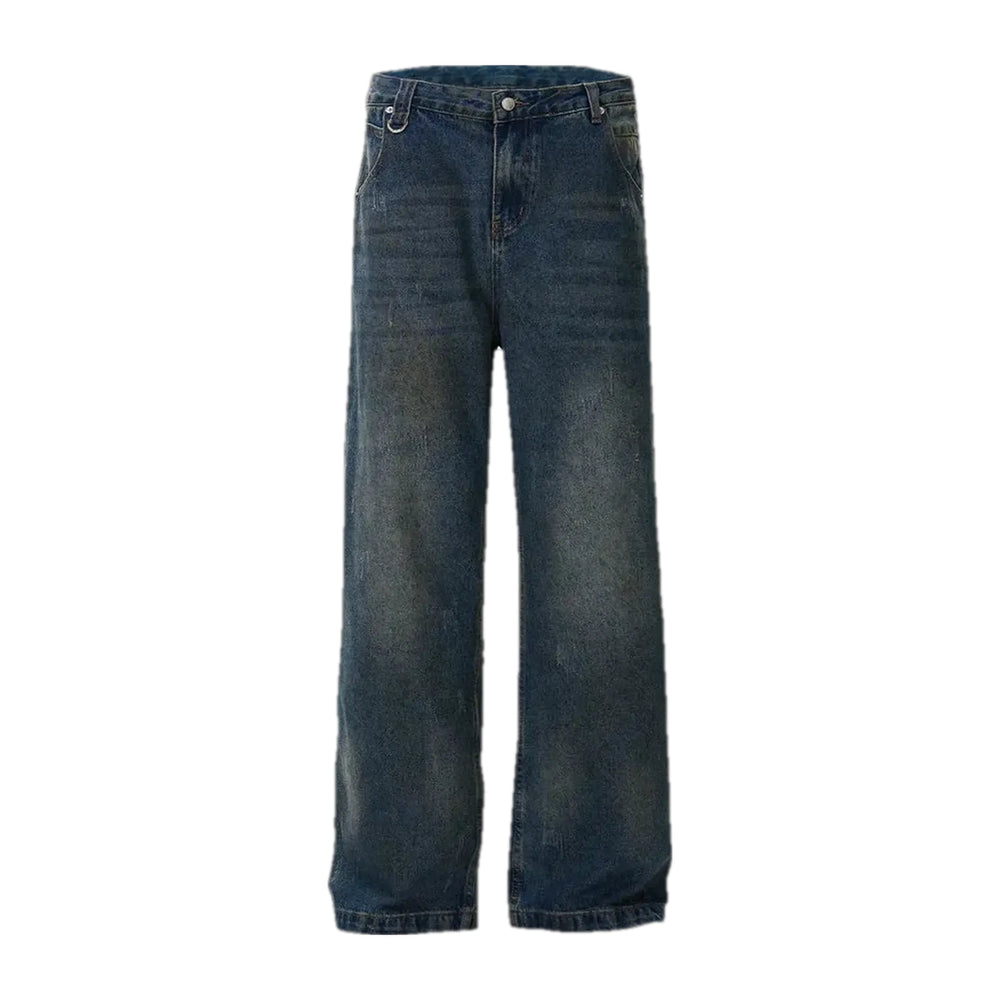 90s Style Dark Creased Men's Jeans - Dark Blue