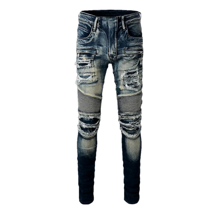 Medium Rise Stretchable Biker Men's Jeans - Blue