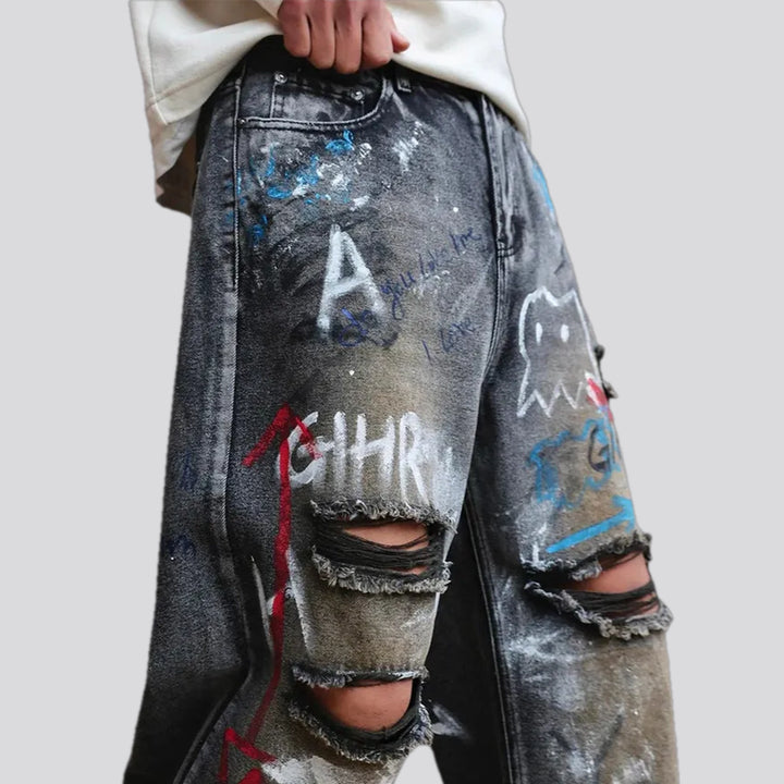 Artistic painted baggy men's jeans