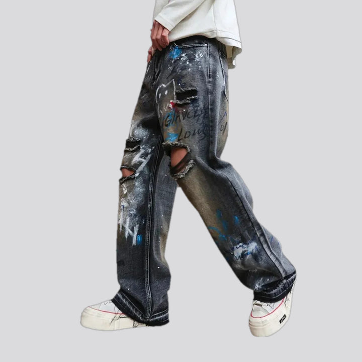 Artistic painted baggy men's jeans