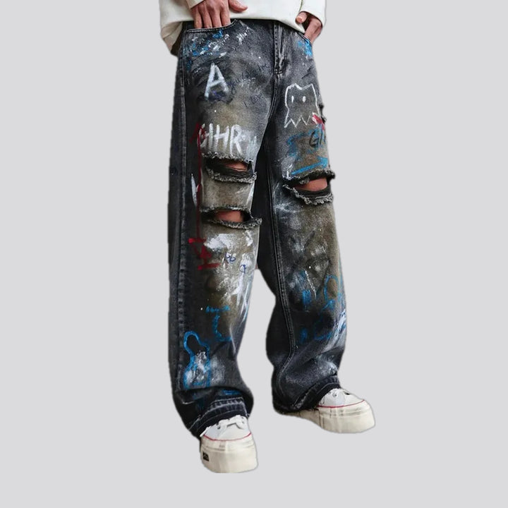 Artistic painted baggy men's jeans