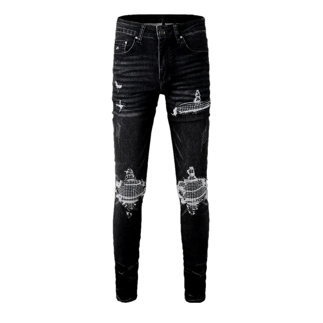 Embellished Diamond Pattern Skinny Men's Jeans - Black