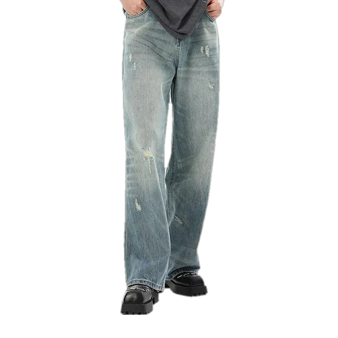 Fashionable Ripped Slouchy Men's Jeans - Light Blue