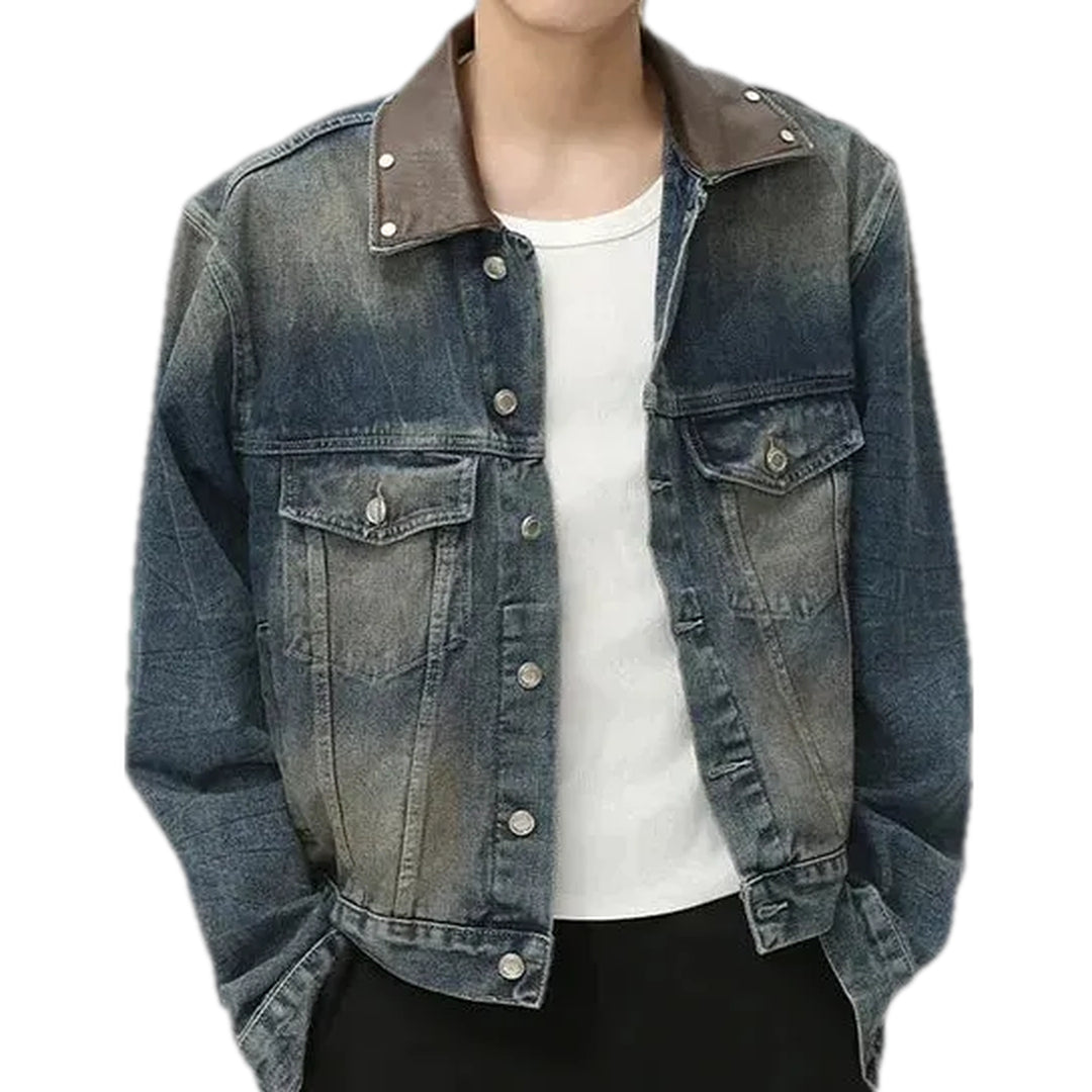 Whiskered Retro Stonewashed Men's Denim Jacket - Blue