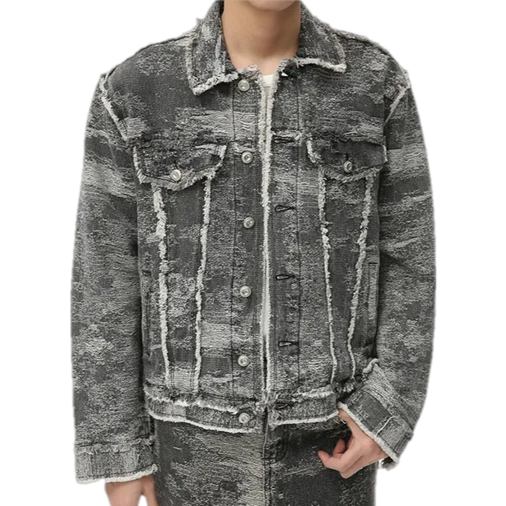 Distressed Cropped Army Men's Denim Jacket - Grey