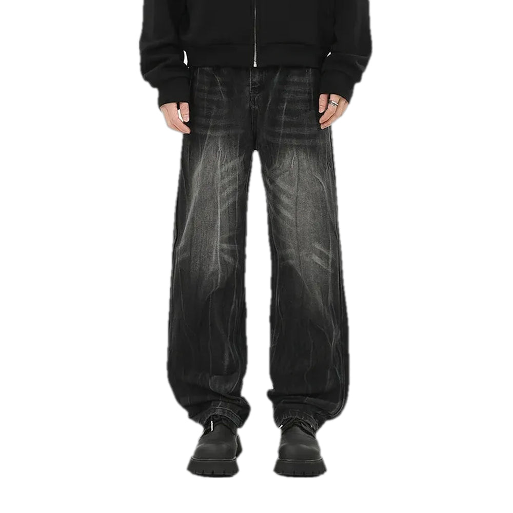 Baggy-fit Creased Fashion Jeans for Men - Black