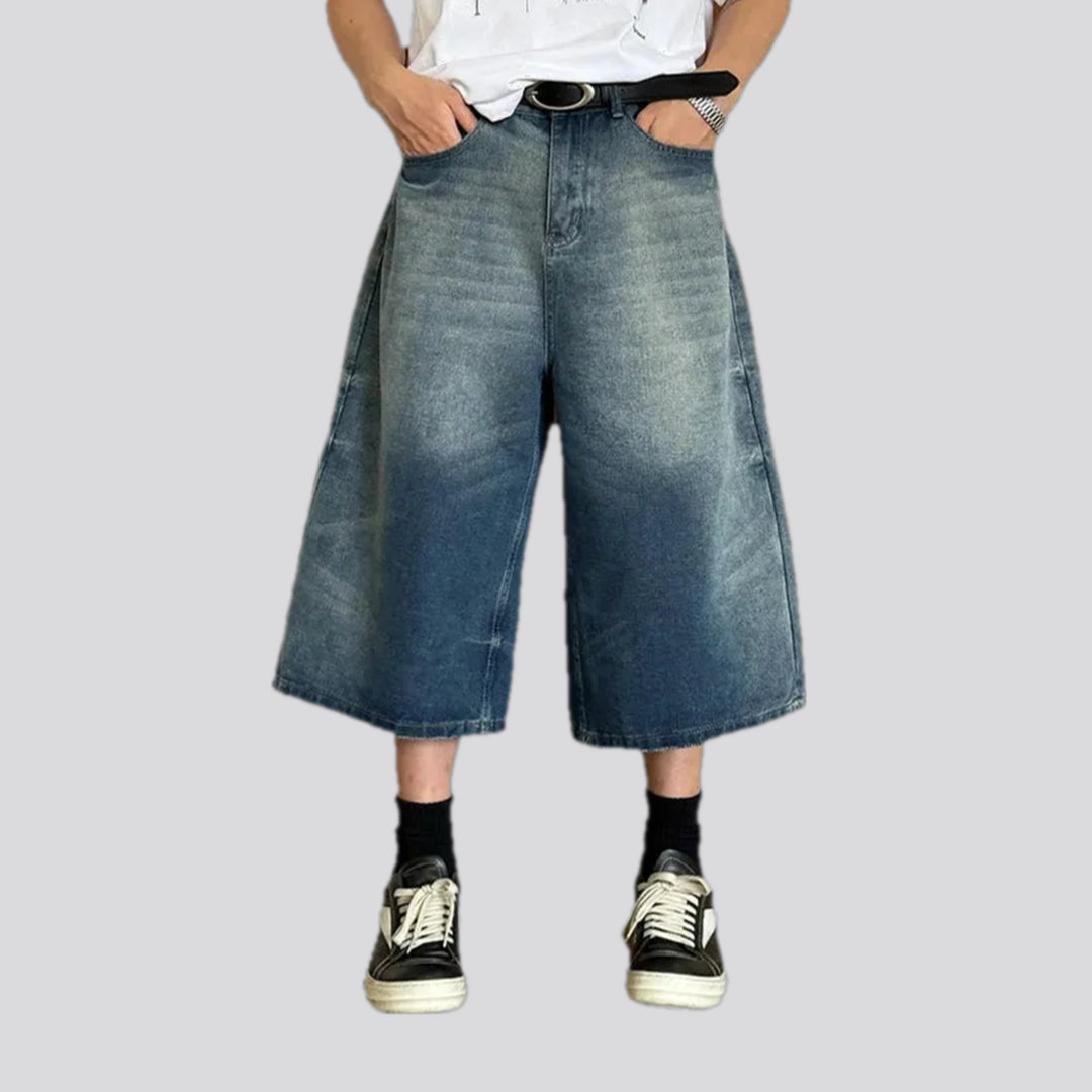 Baggy-leg and abraded men's denim shorts