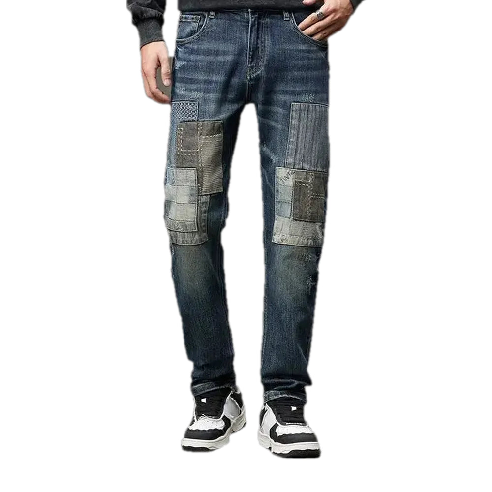 Stretchable Patchwork Fashion Men's Jeans - Blue