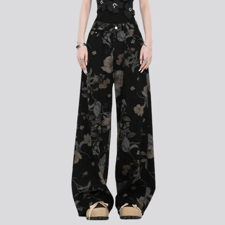 High rise baggy floral jeans for ladies