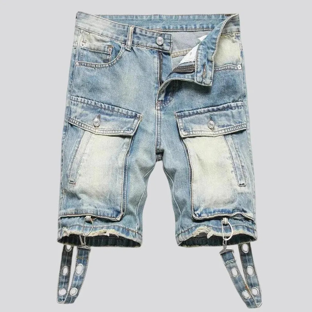 Embellished cargo fit men's denim shorts