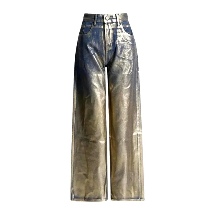 Fashionable Coated Metallic Gold Women's Jeans - Light Blue