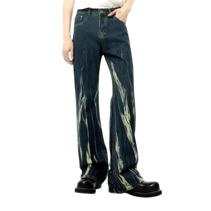 Flared Y2k Fashion Painted Baggy Men's Jeans - Dark Blue