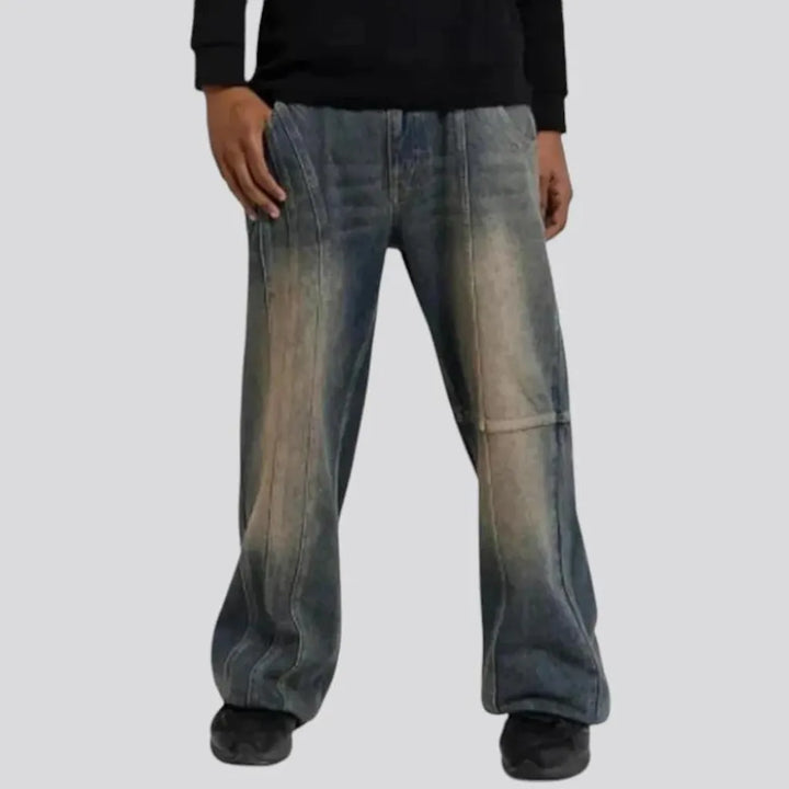 Baggy leg fashion stonewashed jeans for men