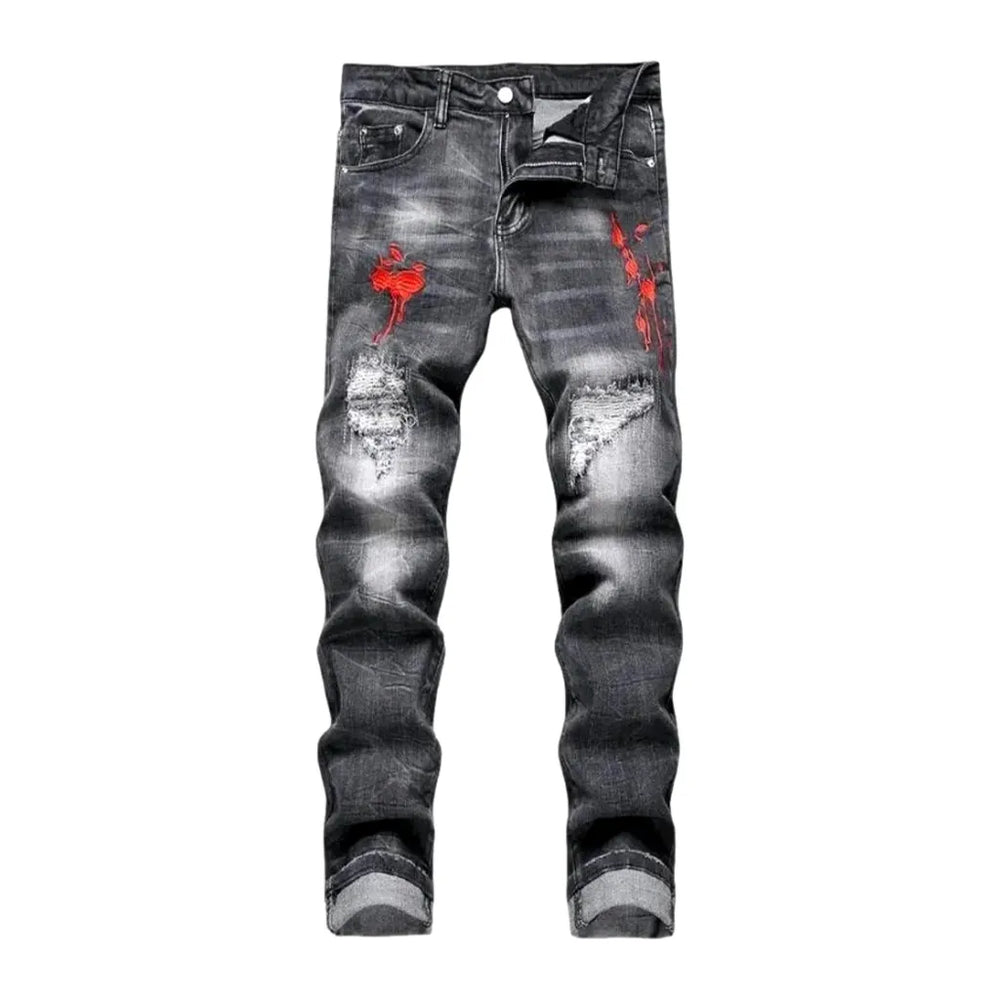 Whiskered Painted Fashion Men's Jeans - Grey